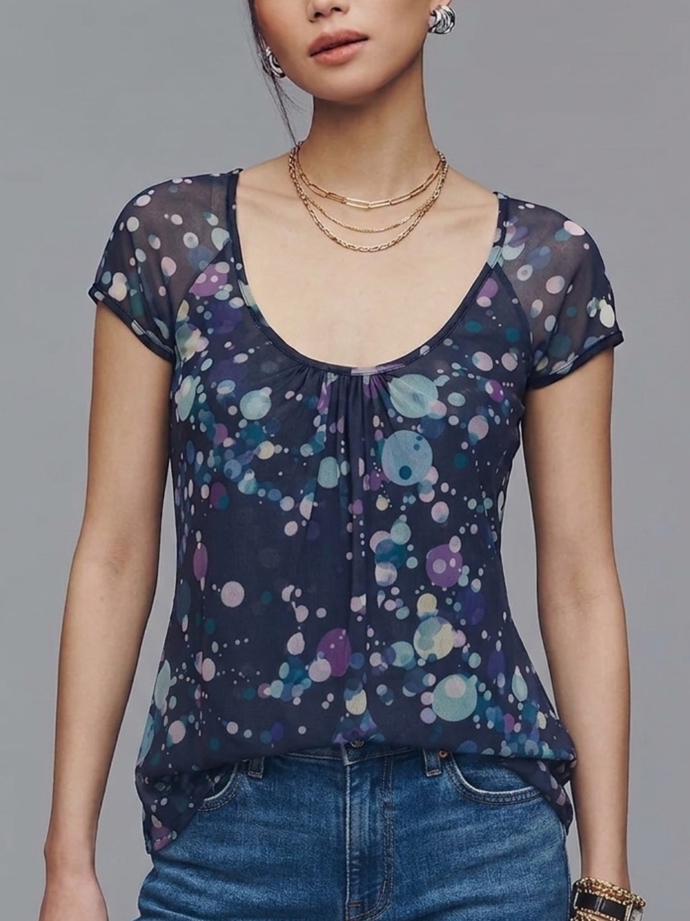 Sweet Pea Polka Dot Double Mesh Cap Sleeve Tee Size M Blue & Purple Scoop Y2K